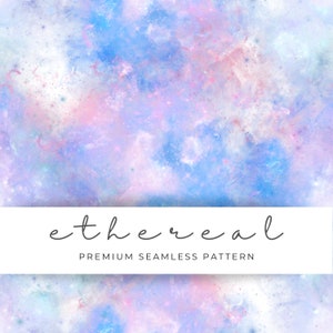 May include: A seamless pattern featuring a dreamy, ethereal galaxy design with shades of pink, blue, and white. The pattern is perfect for creating unique and stylish projects.