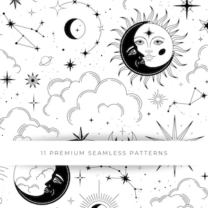 Celestial Seamless Patterns, Black Celestial Repeat Pattern, Transparent Seamless Digital Papers, PNG,  Modern printable design