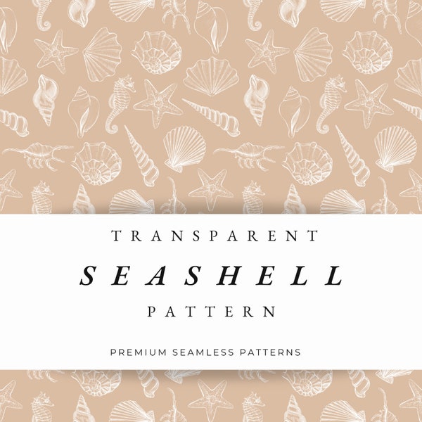 White Seashell Transparent seamless pattern, Ocean Transparent Seamless Digital Papers, Fabric print pattern, PNG, Marine printable design