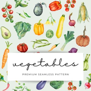 Op de afbeelding: Een naadloos patroon met aquarel illustraties van verschillende groenten, waaronder tomaten, paprika's, maïs, uien, wortels, avocado's en meer. Het patroon is op een lichtgroene achtergrond geplaatst en bevat de tekst "vegetables premium seamless pattern".
