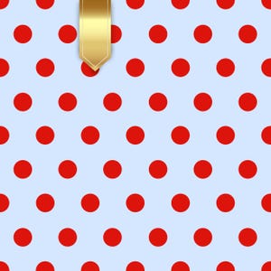 May include: A light blue background with a pattern of evenly spaced red polka dots. A gold ribbon is at the top, hanging down. The design is simple and could be used for gift wrap or other craft projects.
