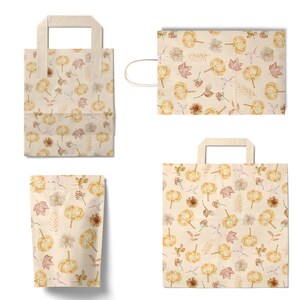 May include: Four brown paper bags with a repeating pattern of watercolor pumpkins, leaves, and flowers. The bags are in different sizes and shapes, including a small pouch, a large shopping bag, and two smaller shopping bags.