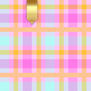 May include: A vibrant plaid pattern in shades of pink, orange, yellow, and light blue. A gold ribbon hangs from the top, adding a touch of elegance. The design is a repeating grid of intersecting lines, creating a colorful and eye-catching textile.