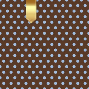 May include: A brown background featuring light blue polka dots and a gold ribbon. The polka dots are regularly spaced, forming a visually engaging pattern. The gold ribbon provides a touch of sophistication to the design.