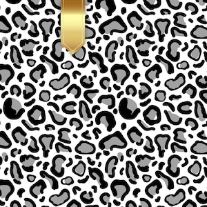 May include: A white background features a black and grey leopard print pattern. A gold ribbon is at the top of the image. The leopard print is a repeating pattern of irregular shapes.