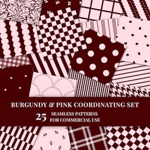 May include: A selection of 25 seamless patterns in burgundy and pink, showcasing diverse designs including polka dots, stripes, hearts, and floral patterns. The image text indicates these patterns are for commercial use.