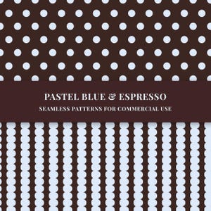 May include: Two seamless patterns in pastel blue and espresso. The top pattern features white polka dots on a brown background. The bottom pattern has vertical rows of white circles on a light blue background. Text reads "PASTEL BLUE & ESPRESSO" and "SEAMLESS PATTERNS FOR COMMERCIAL USE."