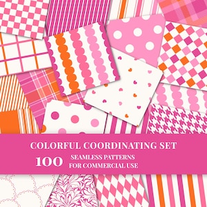 Puede incluir: Una colección de papeles estampados en rosa y blanco, que incluyen lunares, rayas y cuadros. El texto de la imagen dice: "COLORFUL COORDINATING SET 100 SEAMLESS PATTERNS FOR COMMERCIAL USE."