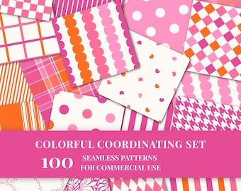 100 Pink Orange Coordinated Seamless patterns bundle (PNG)