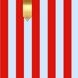 May include: Vertical red and light blue striped background with a gold ribbon bookmark at the top. The stripes are evenly spaced, creating a clean and simple design. The gold ribbon adds a touch of elegance.
