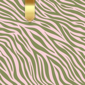 May include: A decorative background with a pink and olive green zebra stripe pattern. A gold-colored ribbon with a pointed end is in the upper left corner. The design is suitable for various applications, such as stationery, fabric, or digital art.