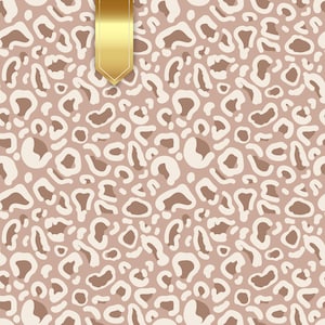 May include: A seamless pattern featuring a leopard print design in shades of brown and cream against a light brown background. A gold ribbon is placed vertically on the left side of the image.