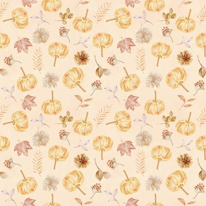 May include: A seamless pattern featuring watercolor illustrations of pumpkins, leaves, and flowers in shades of orange, yellow, and brown on a light beige background.