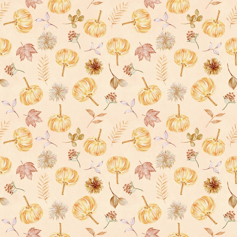May include: A seamless pattern featuring watercolor illustrations of pumpkins, leaves, and flowers in shades of orange, yellow, and brown on a light beige background.
