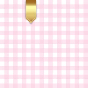 May include: A gold-colored ribbon with a pointed end hangs from the top of a pink and white checkered pattern. The background is a grid of light pink and white squares, creating a gingham effect.