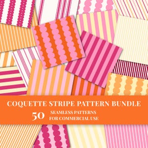 Può includere: Una collezione di carte decorate colorate con motivi a righe e smerlati nei toni del rosa, arancione, giallo e bianco. Il testo "COQUETTE STRIPE PATTERN BUNDLE" è visualizzato su uno striscione arancione, insieme a "50 SEAMLESS PATTERNS FOR COMMERCIAL USE."