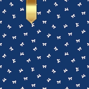 May include: A navy blue background featuring a repeating pattern of small white bows. A gold ribbon is positioned vertically on the left, adding a touch of elegance. Suitable for gift wrap or stationery, the design is visually appealing.