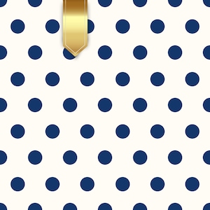 May include: Cream-colored background with a repeating pattern of navy blue polka dots. A gold ribbon with a pointed end is in the upper left corner. The design is simple and elegant, suitable for various applications.
