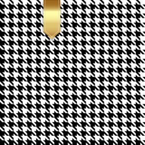 May include: A black and white houndstooth pattern background with a gold-colored ribbon or bookmark in the upper left corner. The houndstooth pattern is a classic textile design, often used in fashion and interior design. The gold ribbon adds a touch of elegance.
