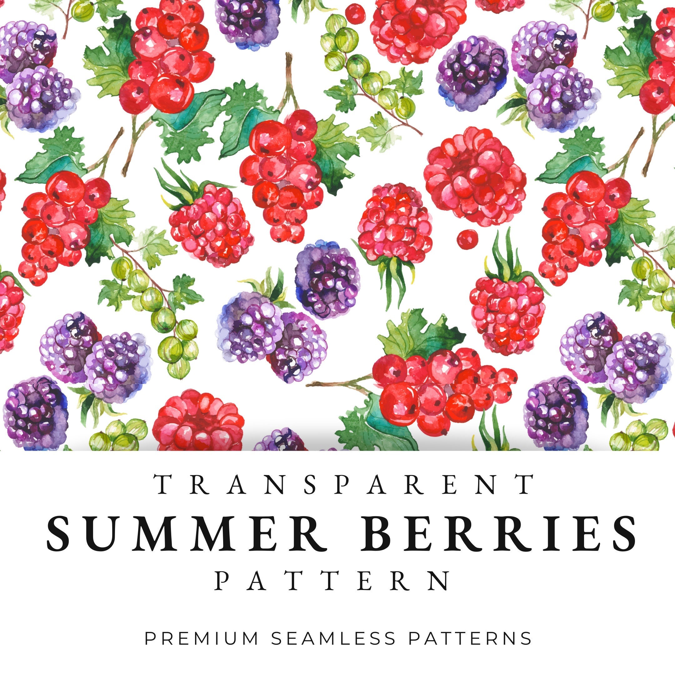 Summer Berries Seamless Pattern, Currants, Raspberries, Blackberries Transparent Repeat Digital Paper, Printable seamless texture design PNG