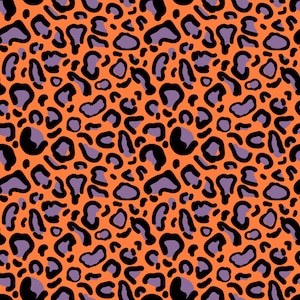 Könnte beinhalten: Ein nahtloses Muster mit einem Leopardenmuster in Orange-, Schwarz- und Lilatönen.