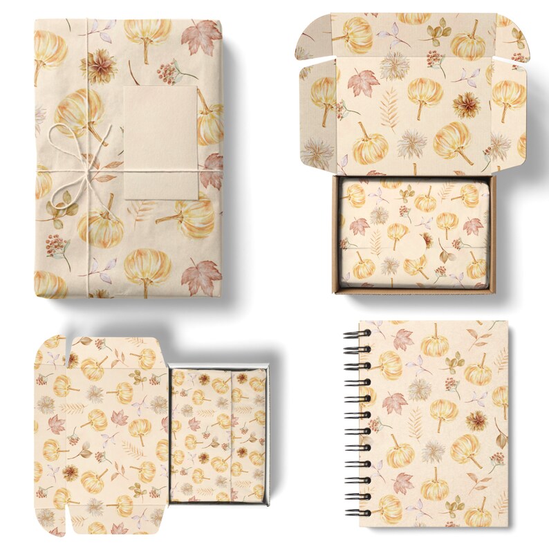 May include: Four different packaging options featuring a fall-themed pattern with watercolor pumpkins, leaves, and floral elements on a beige background. The pattern is repeated on a gift box, a notebook, a small gift box, and a gift wrap.