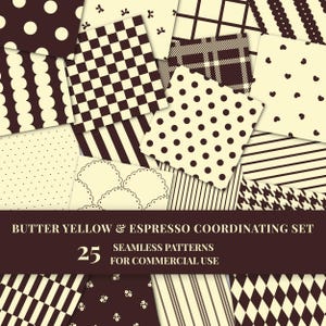 25 Butter Yellow and Espresso Seamless patterns bundle (PNG)