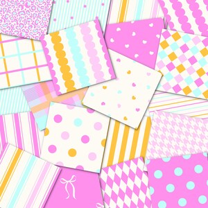 May include: A collection of pastel-coloured patterned papers. Designs include stripes, polka dots, plaid, and scalloped edges. Colours include pink, yellow, blue, and white. Some papers feature heart and bow motifs.