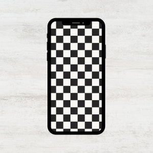 May include: A black smartphone with a checkered black and white pattern on the screen. The phone has a black border and is set against a white wood grain background.