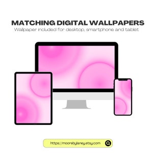 May include: Matching digital wallpapers for desktop, smartphone and tablet. The image shows a pink and white gradient background with overlapping circles. The background is displayed on a desktop computer, tablet and smartphone.
