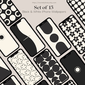 May include: Set of 15 black and white iPhone wallpapers featuring geometric shapes, floral patterns, and minimalist text. The text reads "everything's fine".