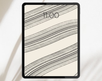 Puede incluir: Un fondo de pantalla digital para iPad y tabletas con un fondo beige y líneas onduladas negras. La hora 11:00 se muestra en la parte superior central de la imagen.