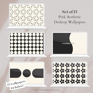 以下が含まれることがあります： 黒と白の幾何学模様、ドット、抽象的な形、花柄など、15種類のピンクのデスクトップ用壁紙のセットです。壁紙の1つに「すべてうまくいく」というテキストが書かれています。