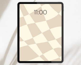 Puede incluir: La pantalla de una tableta digital muestra un patrón de cuadros beige y blanco con un efecto ondulado. La hora 11:00 se muestra en la pantalla. El texto "https://moorebylaney.etsy.com" se muestra en la parte inferior de la pantalla.
