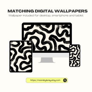 May include: Digital wallpaper set featuring a black and cream abstract design. The image shows a desktop computer, tablet, and smartphone, each displaying the same wavy pattern. The text "MATCHING DIGITAL WALLPAPERS" is at the top.