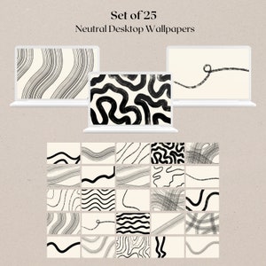 May include: Set of 25 neutral desktop wallpapers featuring abstract black and white line art designs. The designs include wavy lines, squiggles, and geometric shapes.