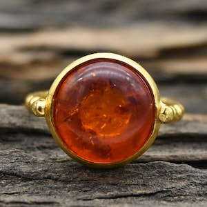 Handmade Round Baltic Amber Ring: 18k Gold Plated, 925 Stamp