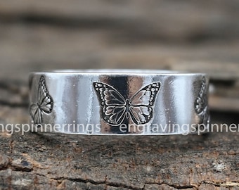 Silver Butterfly Ring, 925 Silver Ring, Wedding Band, Engraved Ring, Dainty Ring, Butterfly Ring Jewelry, Gift for Her