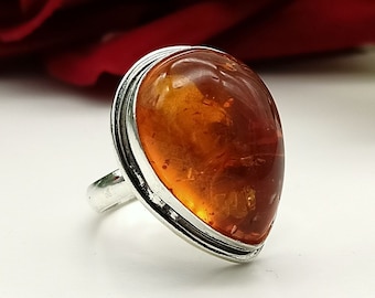 Natural Baltic Amber Ring, 925 Sterling Silver Ring, Handmade Ring, Amber Gemstone Ring, Anniversary Gift Ring, Women Ring, All Size Ring