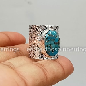 Handmade Turquoise Ring: 925 Sterling Silver Wide Band
