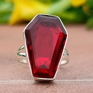 Red Garnet Coffin Ring: Handmade 925 Sterling Silver Bohemian Jewelry