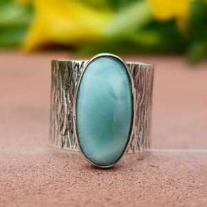 Handmade Oval Larimar Ring: 925 Sterling Silver Boho Statement