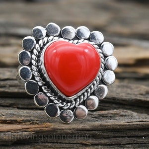 Red Coral Heart Ring: Handmade 925 Sterling Silver, Vintage Style