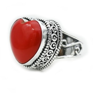 Handmade 925 Sterling Silver Red Coral Heart Ring