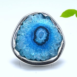 Blue Druzy Ring Handmade 925 Sterling Silver Geode Statement Jewelry Ring