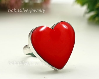 Handgemachte Herz Koralle Ring, 925 Sterling Silber Band