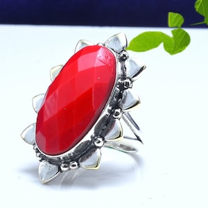 Handmade Faceted Red Coral Ring: 925 Sterling Silver