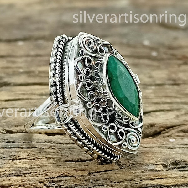 Natural Emerald Ring, 925 Sterling Silver Ring, Poison box Ring, Pill Box Ring Gifts For Him Boho ring, Love Message Ring, engagement ring