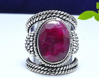 Natural Ruby Sterling Silver Ring, Handmade 925 Silver Gemstone Ring, Red Stone Statement Jewelry, Boho Ring, Gift for Her