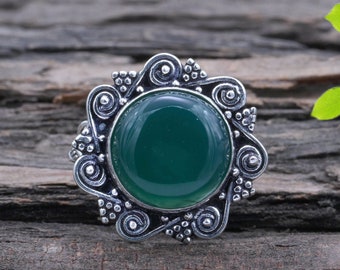 グリーンオニキスリング、925スターリングシルバーリング、オーバル